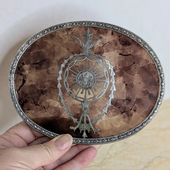 Vintage Tortoise Shell Pattern Silver Tone Metal Oval Jewelry Lidded Box - Picture 3 of 15